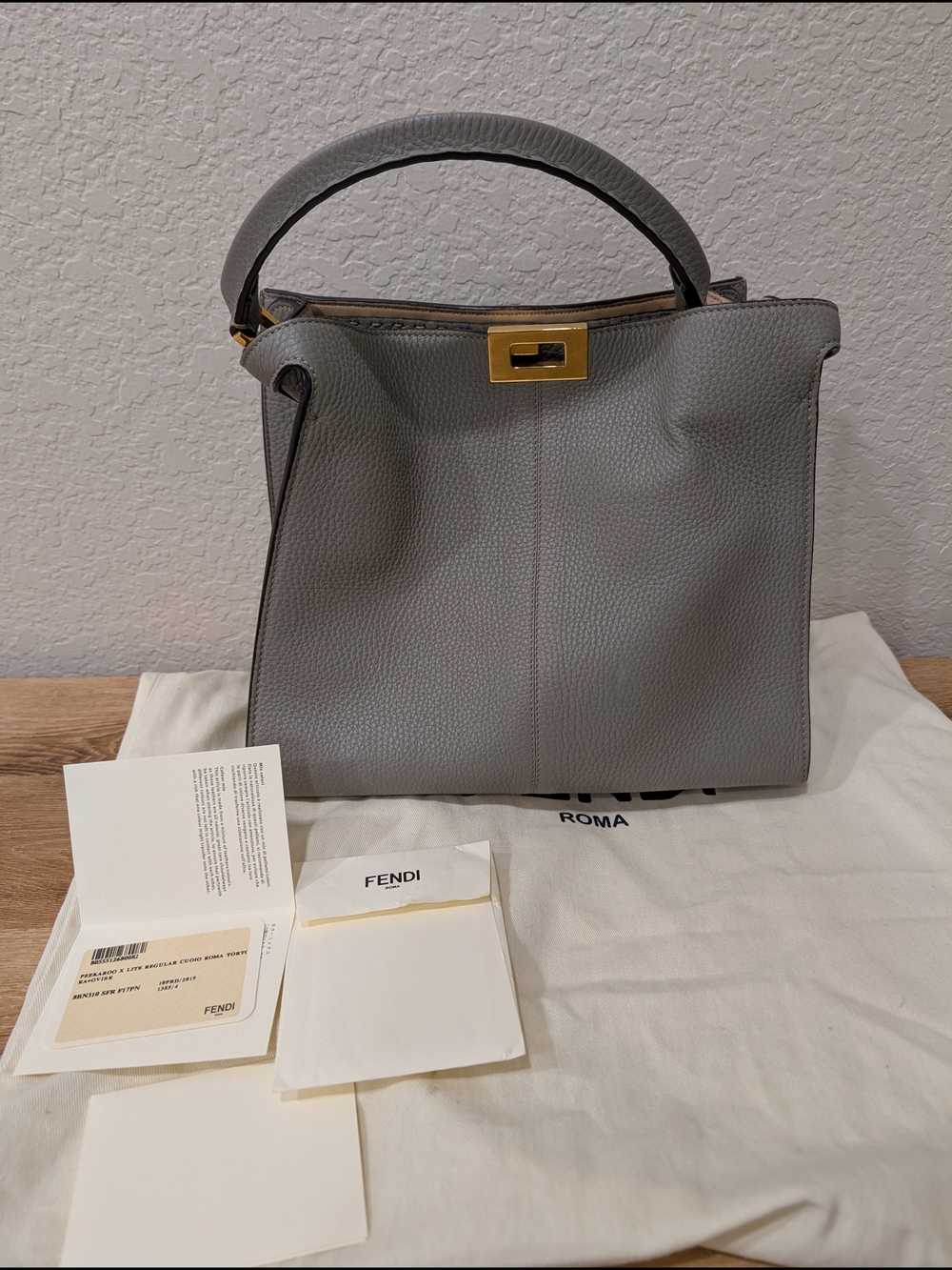 Fendi Light Gray Top Handle Leather Satchel with Gold Hardware